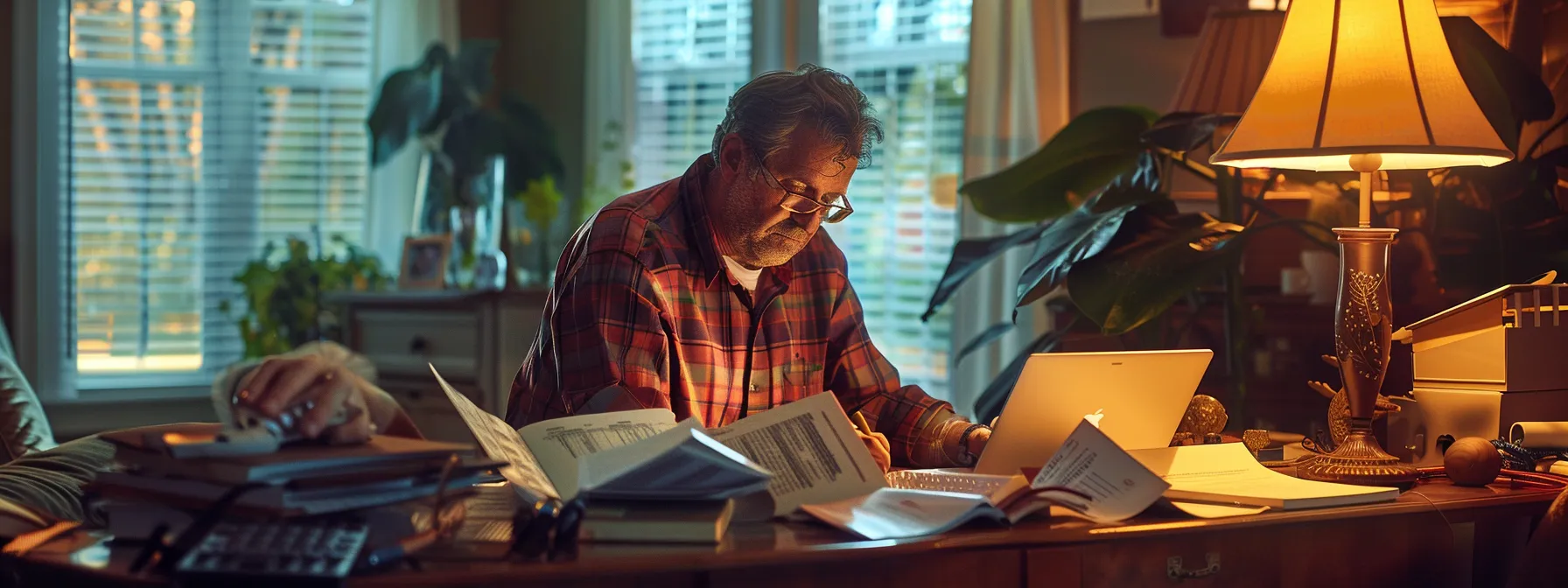 a homeowner carefully analyzing a detailed inspection report in a well-lit room, surrounded by notes, a laptop, and home repair manuals.