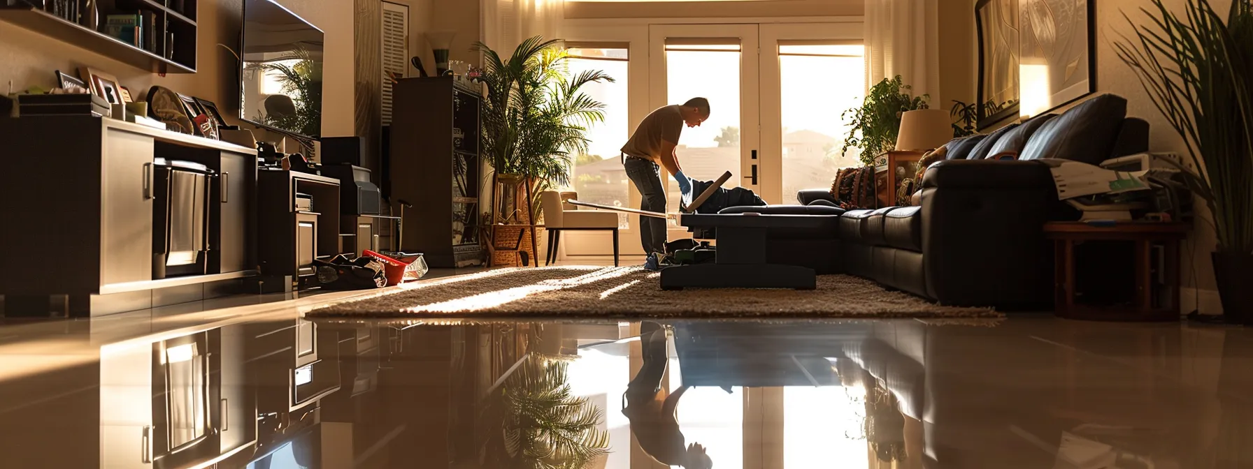 a homeowner in st. george meticulously scrubbing the floors and dusting every corner of their immaculately clean living room before the inspection.