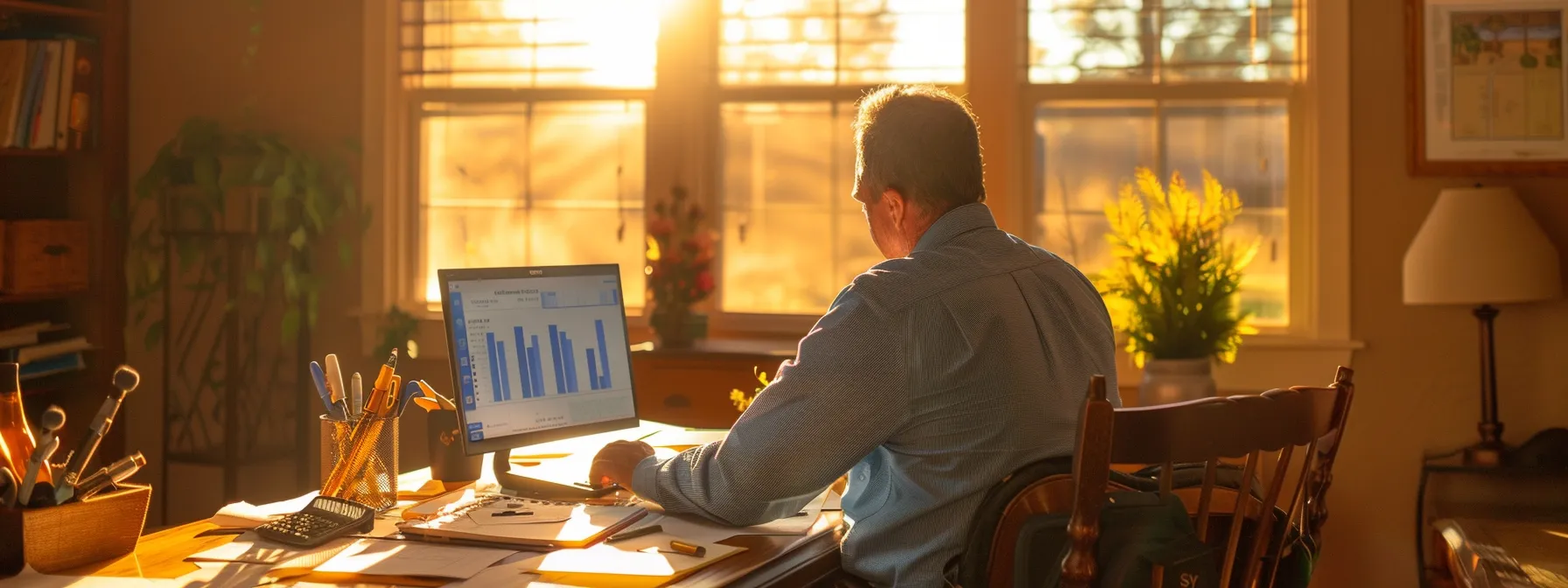 a homeowner in st. george sits at a desk with a calculator, surrounded by charts and graphs, carefully evaluating their home's equity for financial planning.