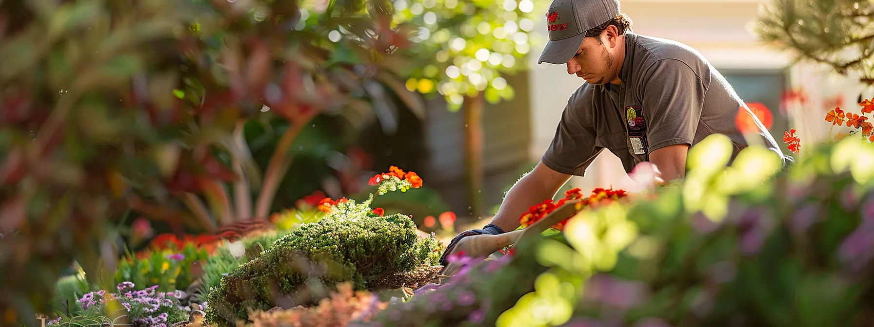 a landscaper meticulously trims bushes, plants colorful flowers, and lays fresh mulch around the front yard of a st. george home.