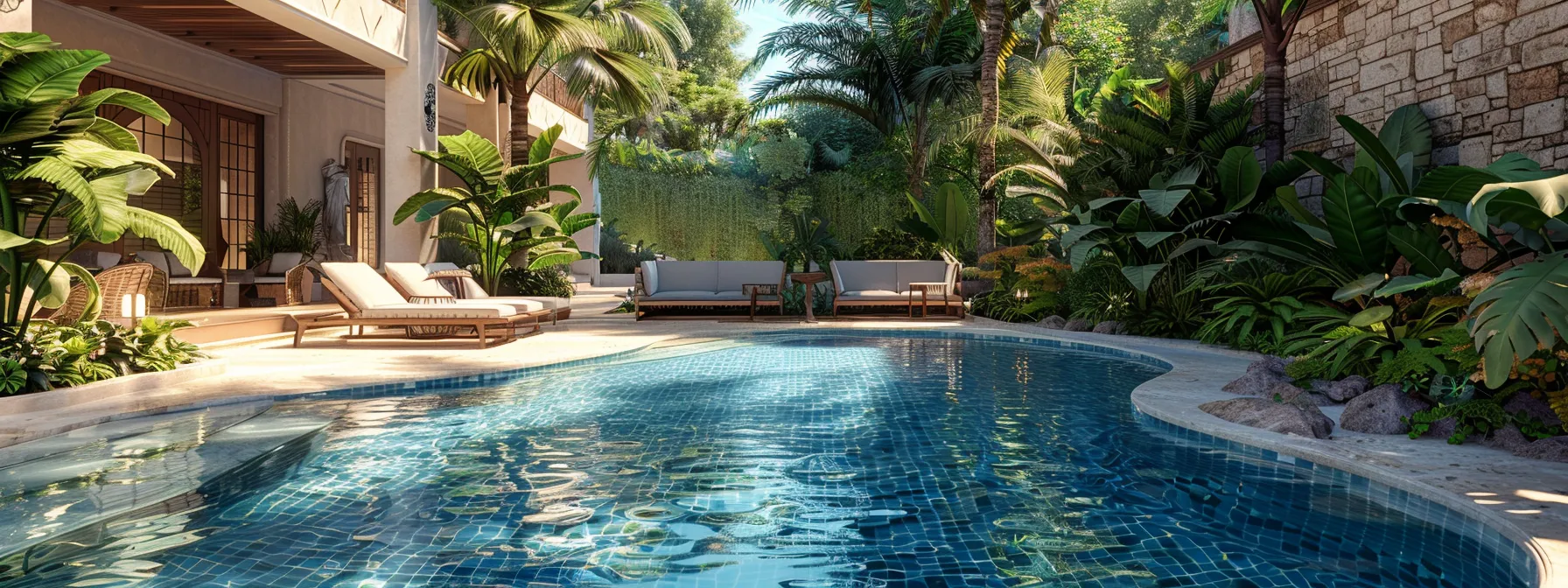 a lavish swimming pool surrounded by lush greenery and elegant lounging chairs in one of st. george's luxury neighborhoods.