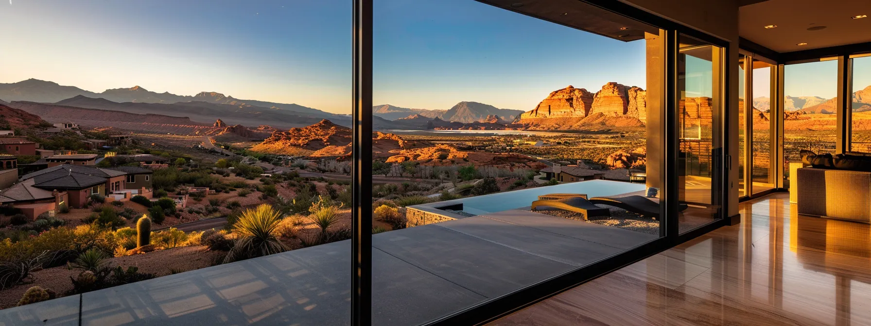 a local real estate expert in st. george showing potential buyers exclusive listings overlooking the breathtaking red rock landscape.