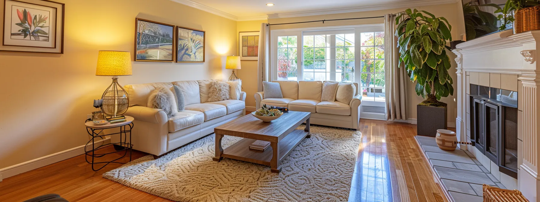 a meticulously clean and well-lit living room with pets safely secured and family members informed, ready for inspection day.