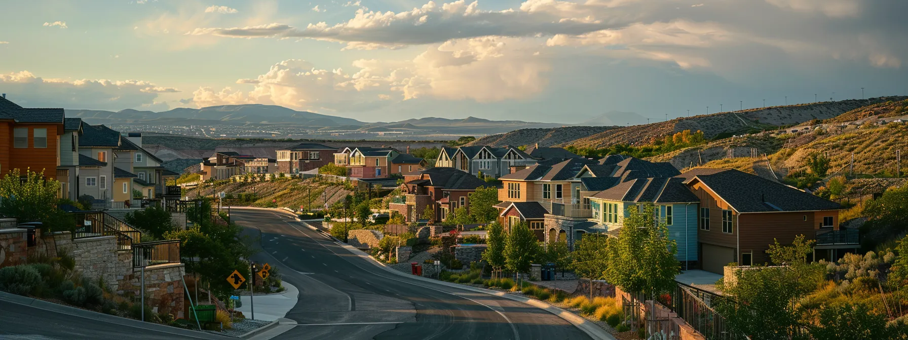 a modern neighborhood with bustling economic activity and diverse populations, set against the backdrop of scenic cliff-side developments in utah.