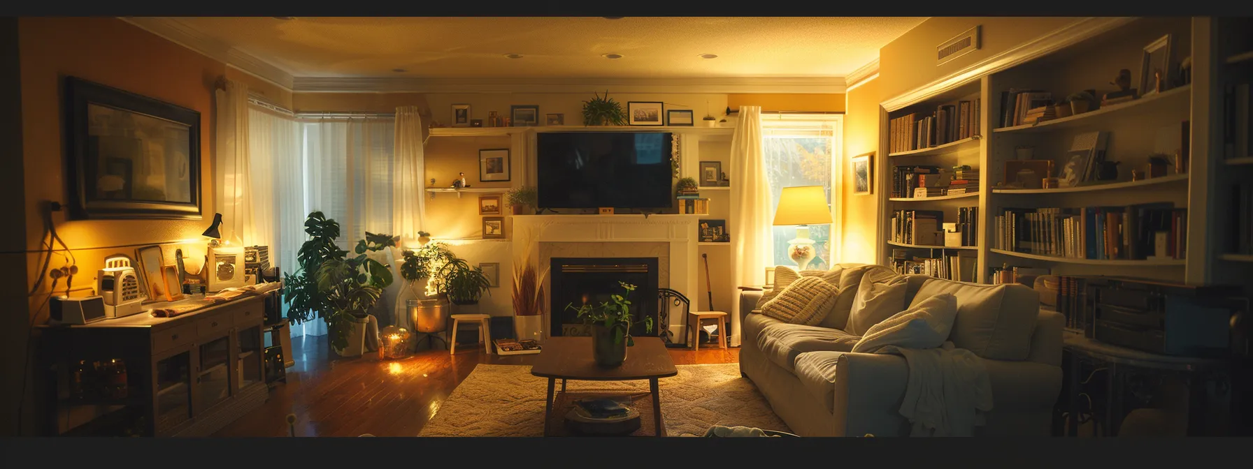 a neatly organized living room in a st. george home, showcasing a well-maintained plumbing fixtures, electrical systems, heating and cooling units, walls, and ceilings.