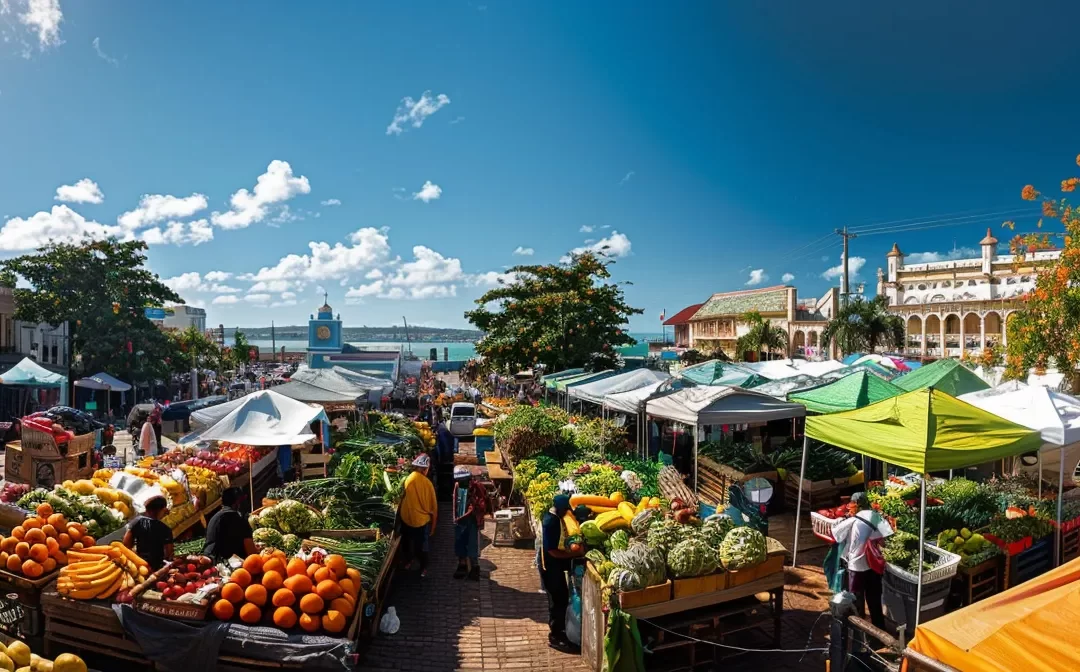 a panoramic view of a bustling st. george's marketplace, displaying vibrant colors and diverse vendors selling fresh produce and handmade goods.