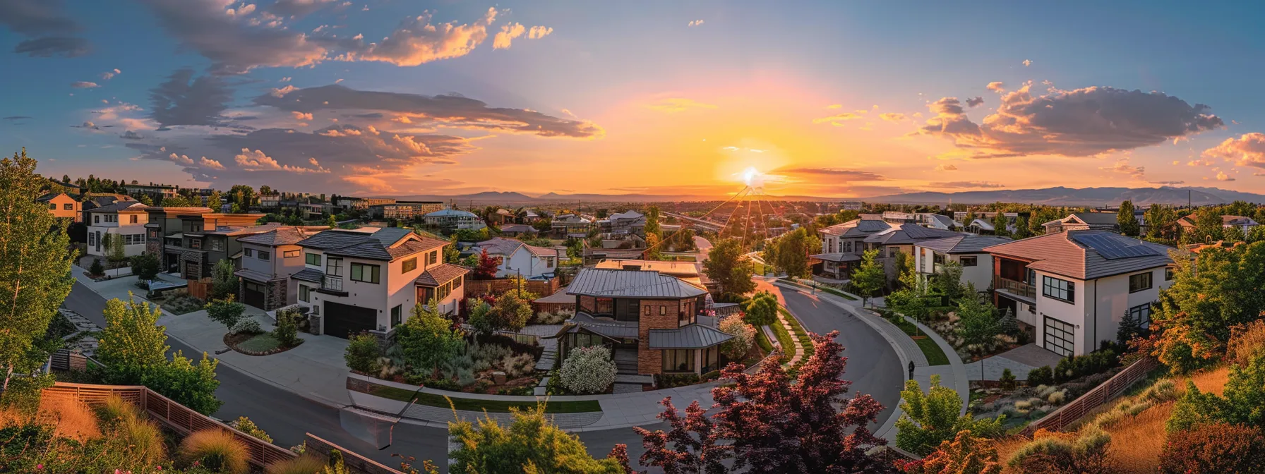 a panoramic view of a vibrant st. george neighborhood with modern homes, lush landscaping, and bustling streets, showcasing the diverse real estate market landscape.