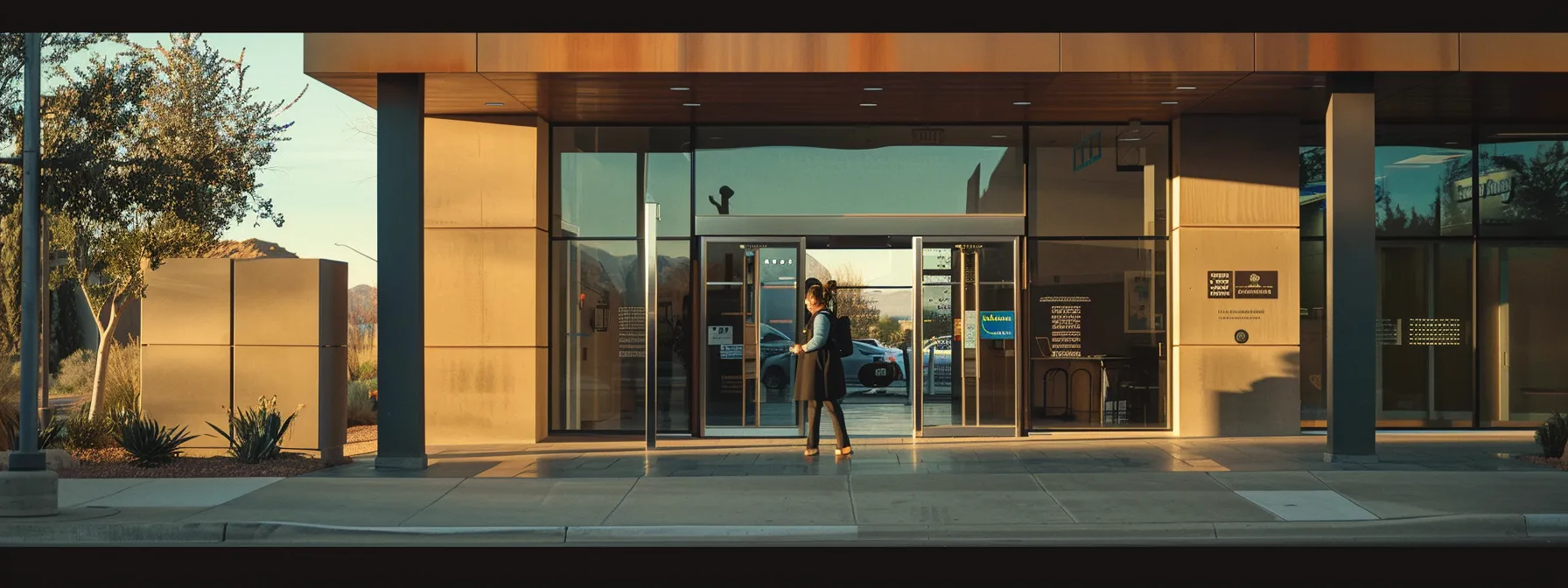 a person carefully comparing different lender options in front of a sleek, modern bank in st. george.