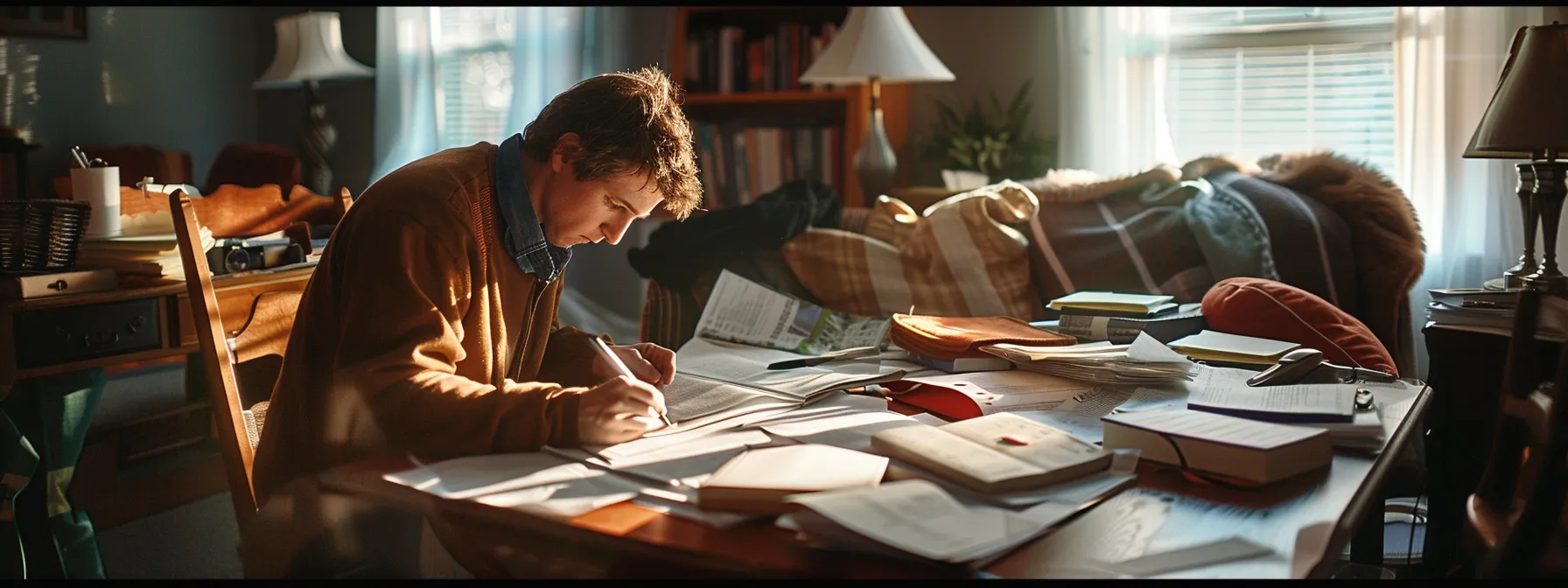 a person carefully organizing documents and notes in a well-lit room before the home inspection in st. george.