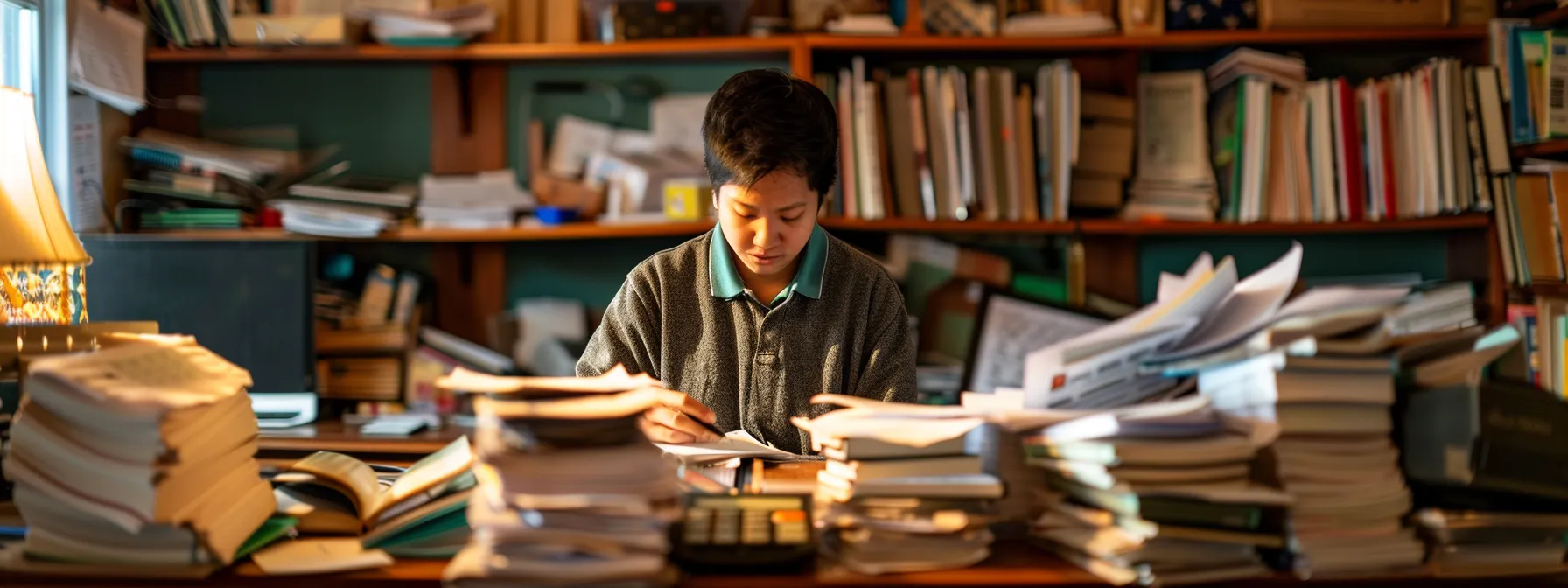 a person surrounded by stacks of bills, calculators, and paperwork, deep in thought while preparing their finances for home buying.