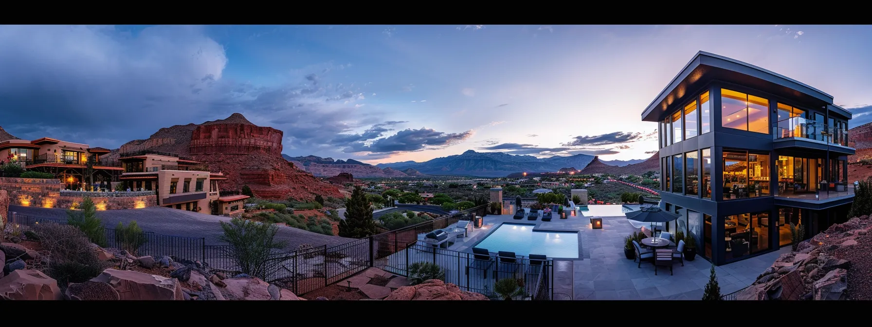 a photo capturing a modern, upscale home in st. george with a stunning view of red rock formations and a bustling real estate market in the background.