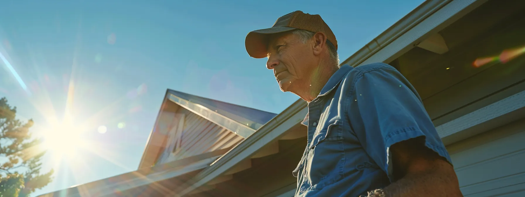 a photo of a home inspector carefully examining a roof for weather-related damage in the heat of the st. george sun.