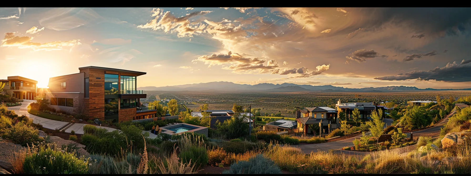 a photo of a panoramic view of st. george showcasing modern homes, lush green neighborhoods, and a backdrop of desert landscapes to depict the diverse real estate market in utah.