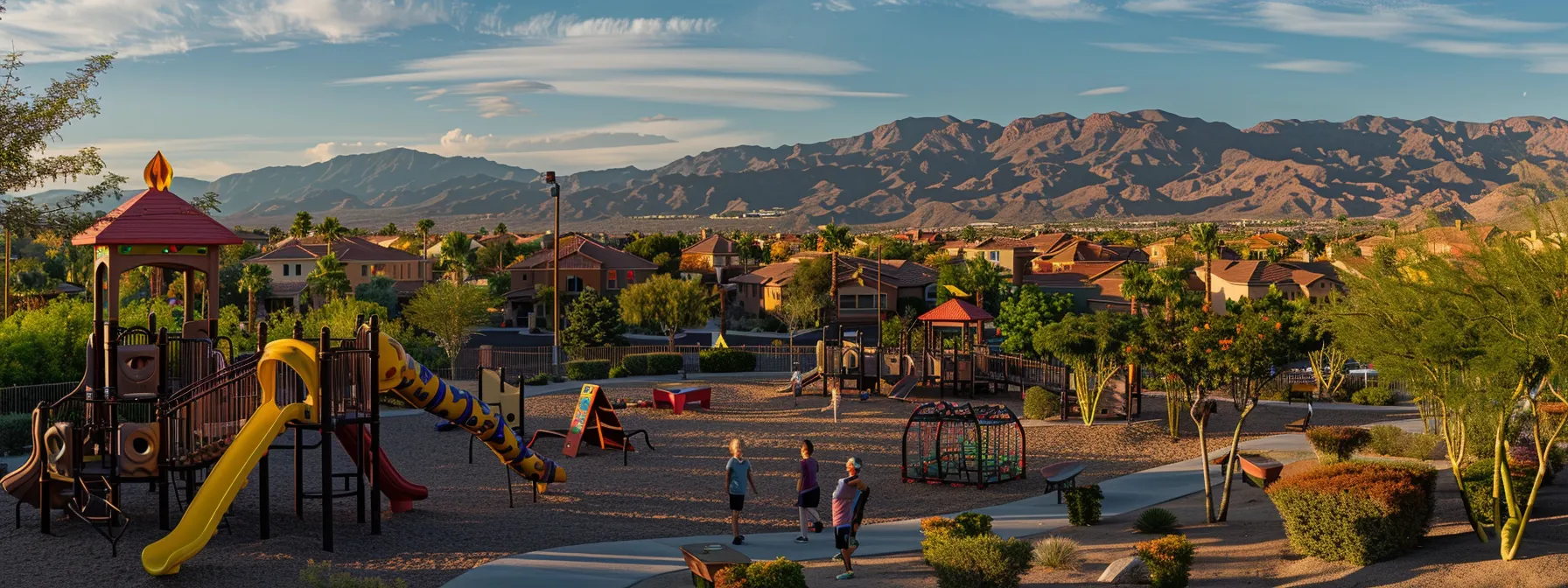 a photo of a vibrant neighborhood playground in desert hills, surrounded by new developments and quality schools, capturing the essence of modern family living.