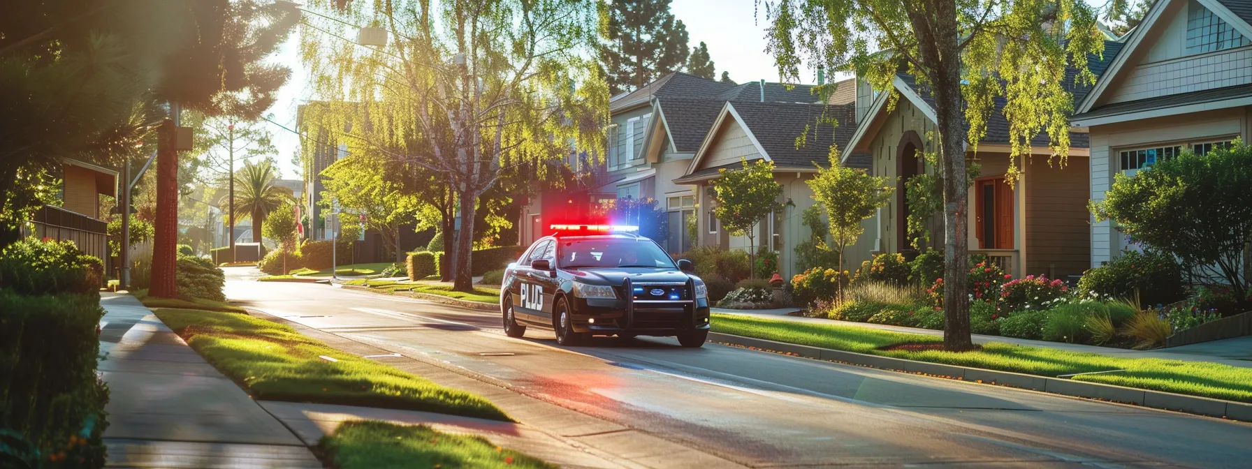 a police car patrolling a quiet, well-kept neighborhood with smiling residents outside their homes, symbolizing the positive impact of safety and community initiatives on property values.