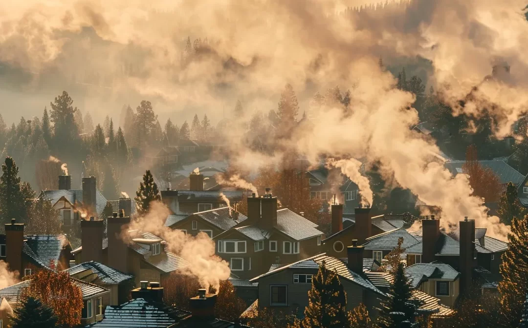 a residential neighborhood with houses featuring smoke rising from chimneys, implying a warming st. george housing market.