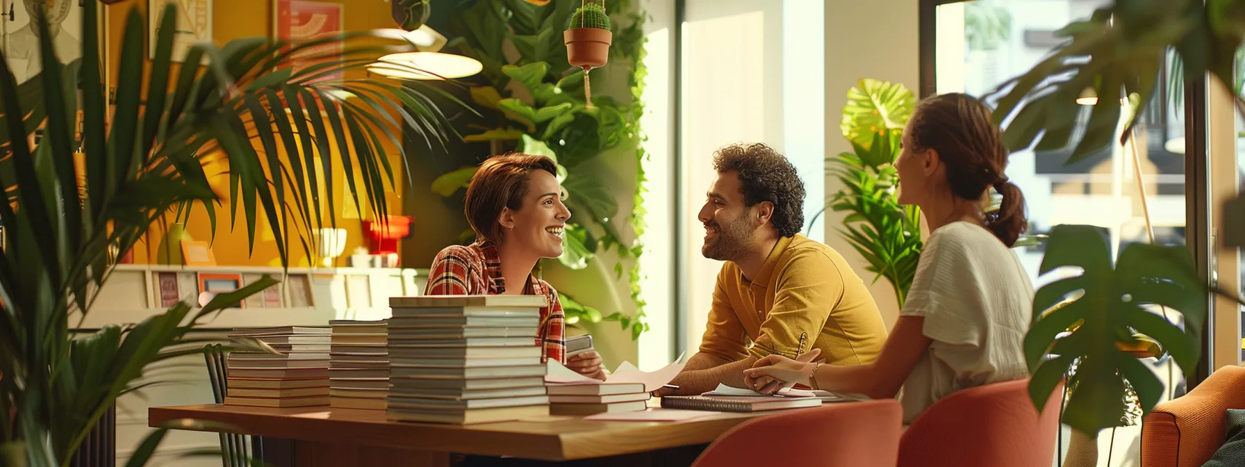 a smiling couple sitting at a desk with stacks of paperwork, talking to a real estate agent in a vibrant office space filled with green plants and modern furniture.