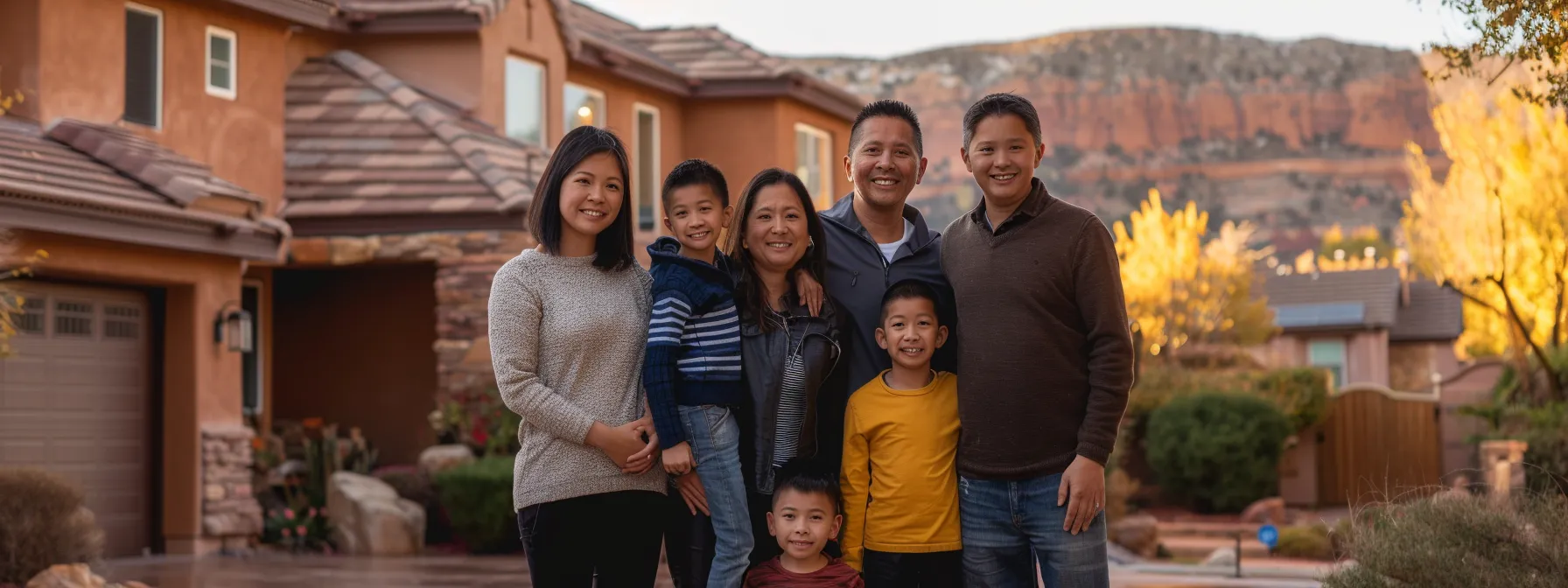 a smiling family standing proudly in front of their newly purchased home in st. george.