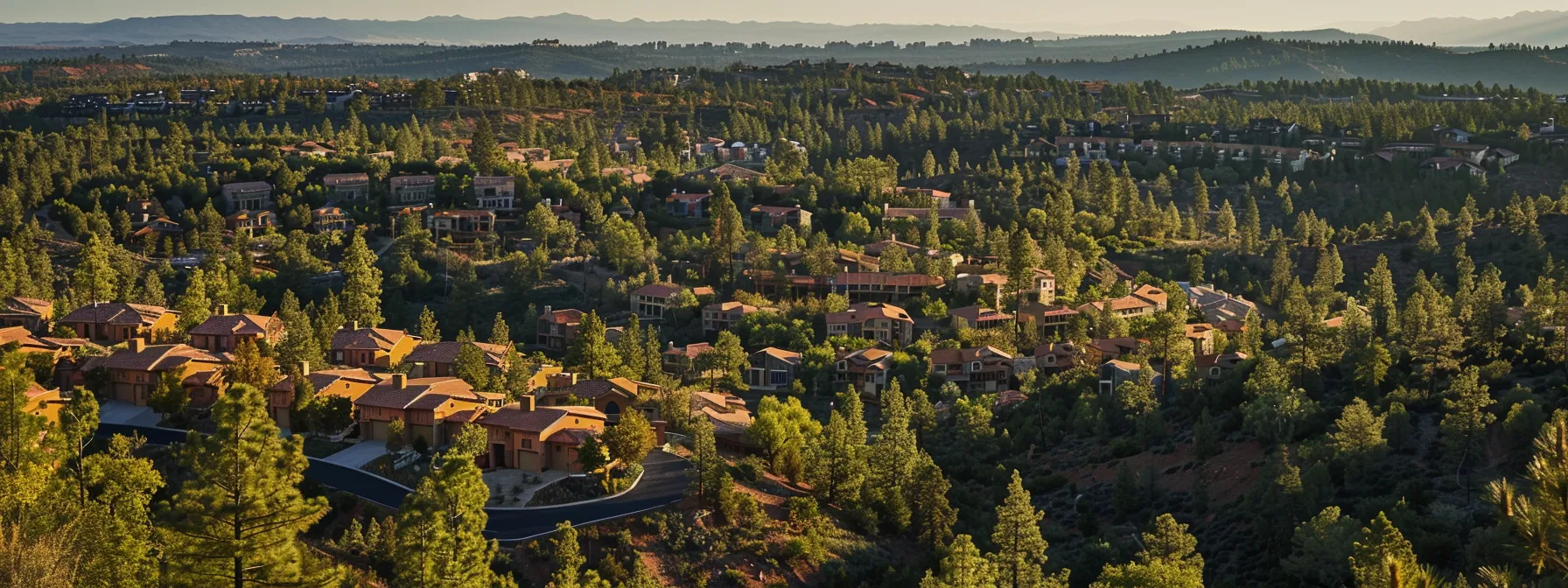 a sprawling desert landscape dotted with newly constructed homes, contrasting with a forested area where existing homes are surrounded by lush pine trees, showcasing the diversity of housing options in st. george.