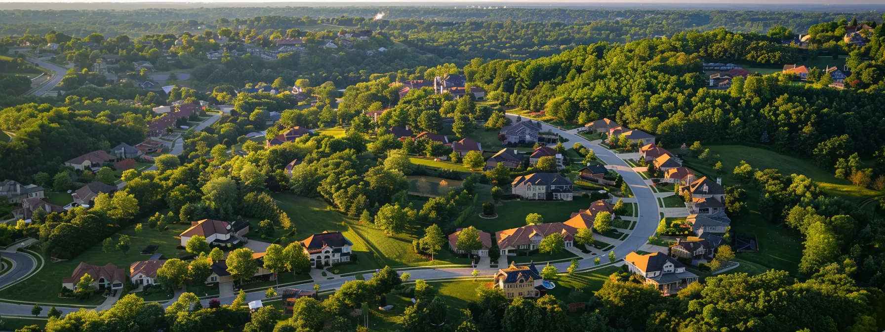 a sprawling suburban neighborhood with upscale homes nestled among lush green landscapes, reminiscent of exclusive communities like bloomington hills in st. george.