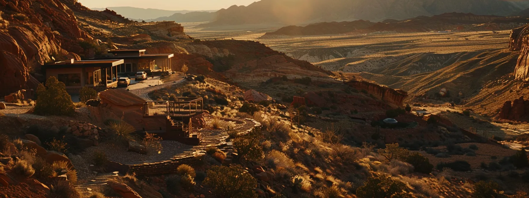 a stunning desert landscape with modern homes nestled among red rock cliffs in st. george, ut, showcasing the unique beauty of the local real estate market.