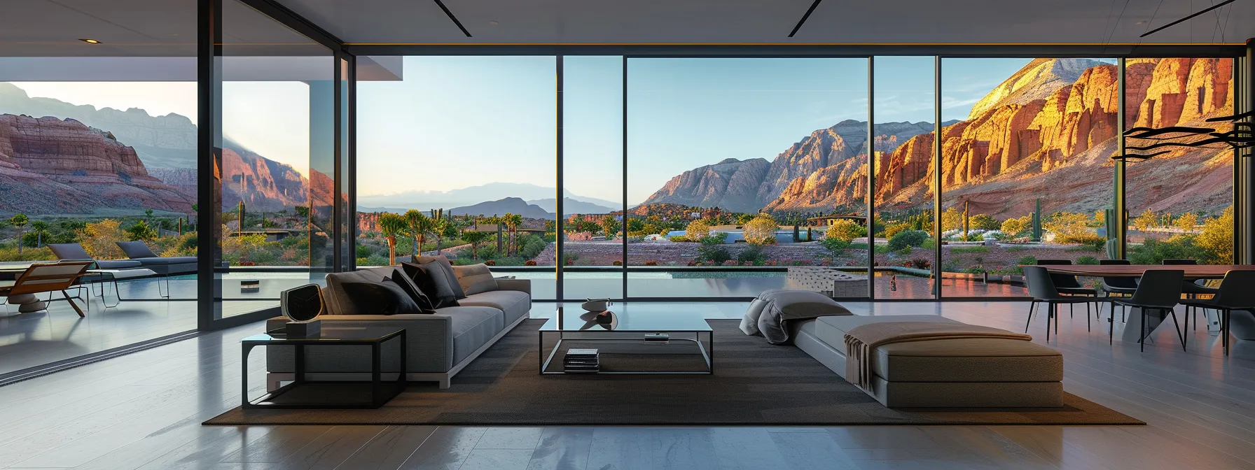 a stunning modern mansion with a panoramic view of red rock cliffs and lush green landscapes in st. george's luxury real estate market.