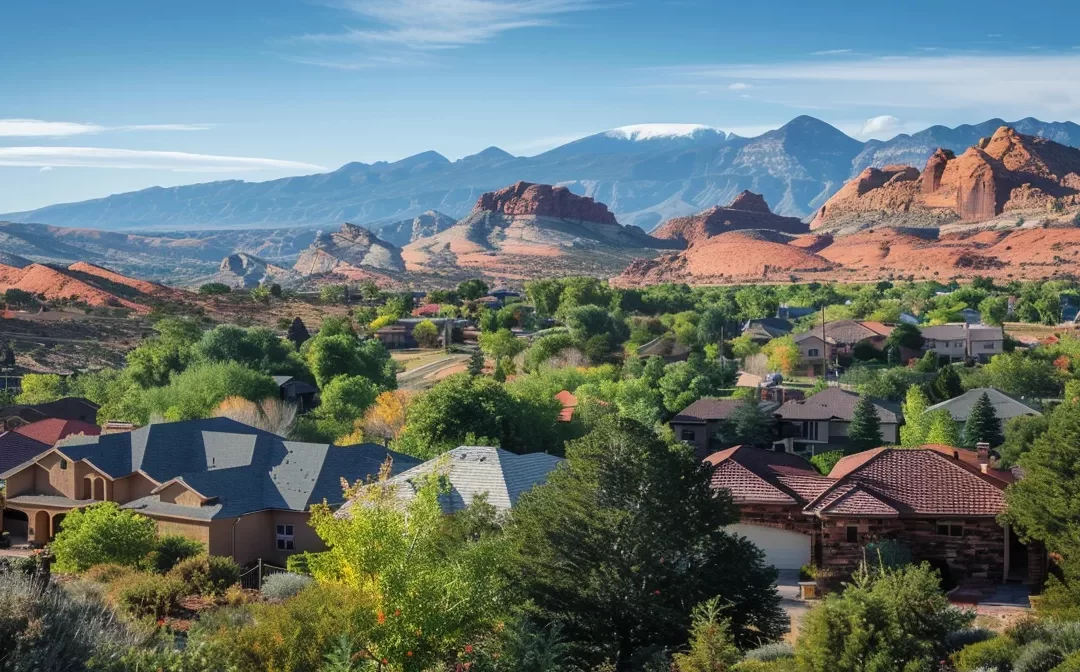 a stunning view of red rock formations framing a quaint suburban neighborhood in st. george, utah, showcasing the unique natural beauty that influences local home values.