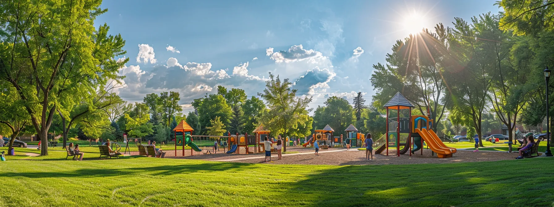 a sunny park in bloomington hills showcases a vibrant playground, lush greenery, and families enjoying quality time together.