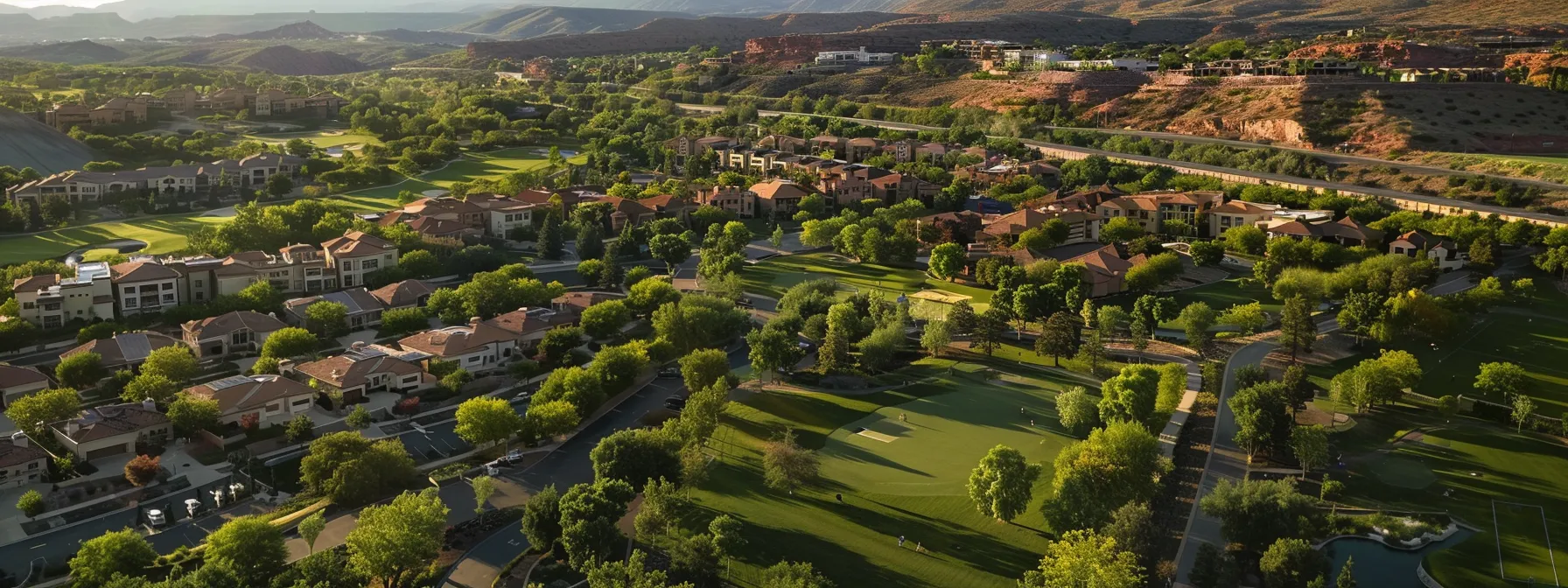 a vibrant cityscape with lush parks, bustling shopping districts, and modern healthcare and educational facilities, all surrounding upscale residential neighborhoods in st. george.