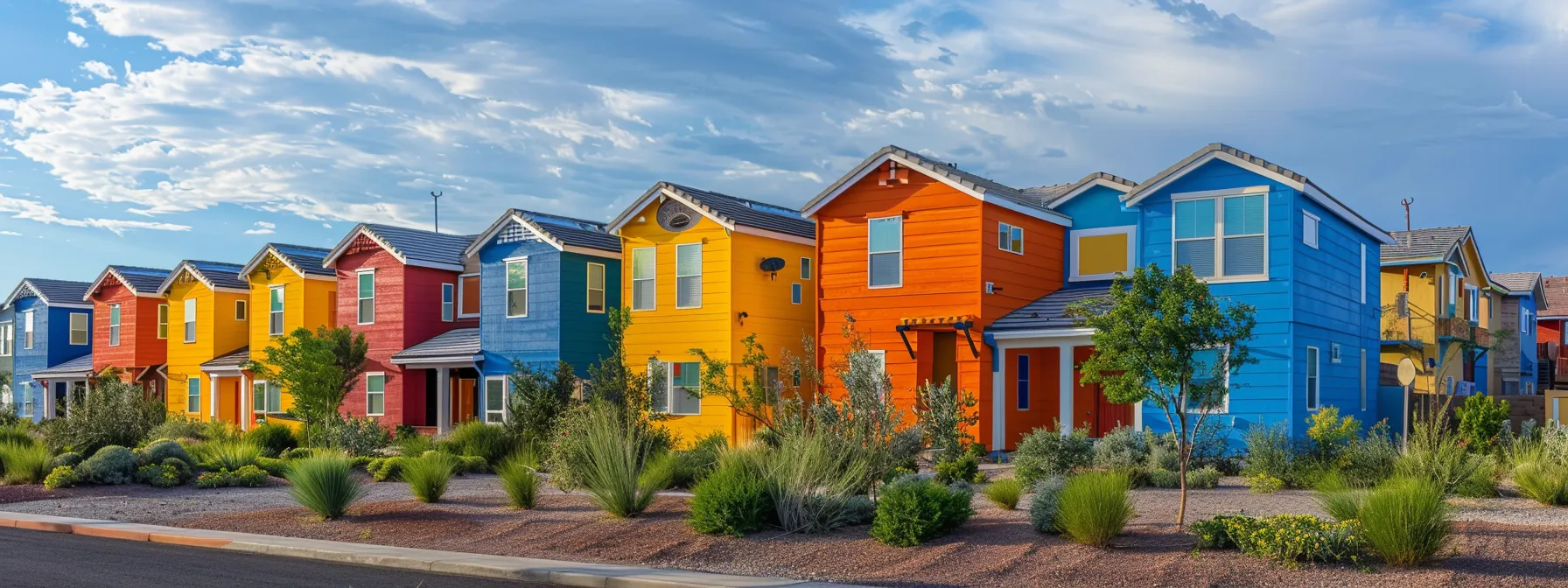 a vibrant neighborhood of colorful homes surrounded by desert landscapes, showcasing the unique charm of the st. george real estate market.