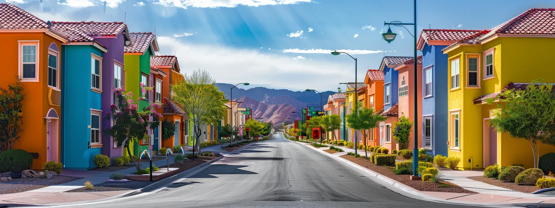 a vibrant neighborhood street lined with colorful houses, each representing a different price trend in the diverse st. george real estate market.