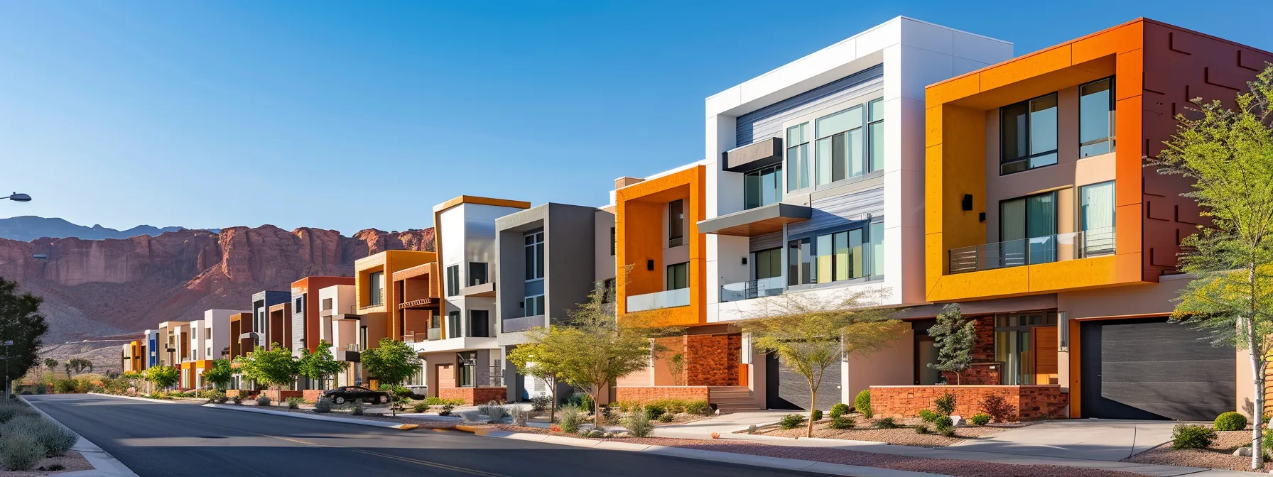 a vibrant photo of a modern housing development in st. george, showcasing a mix of luxury and affordable options, against a backdrop of red desert cliffs and clear blue skies.