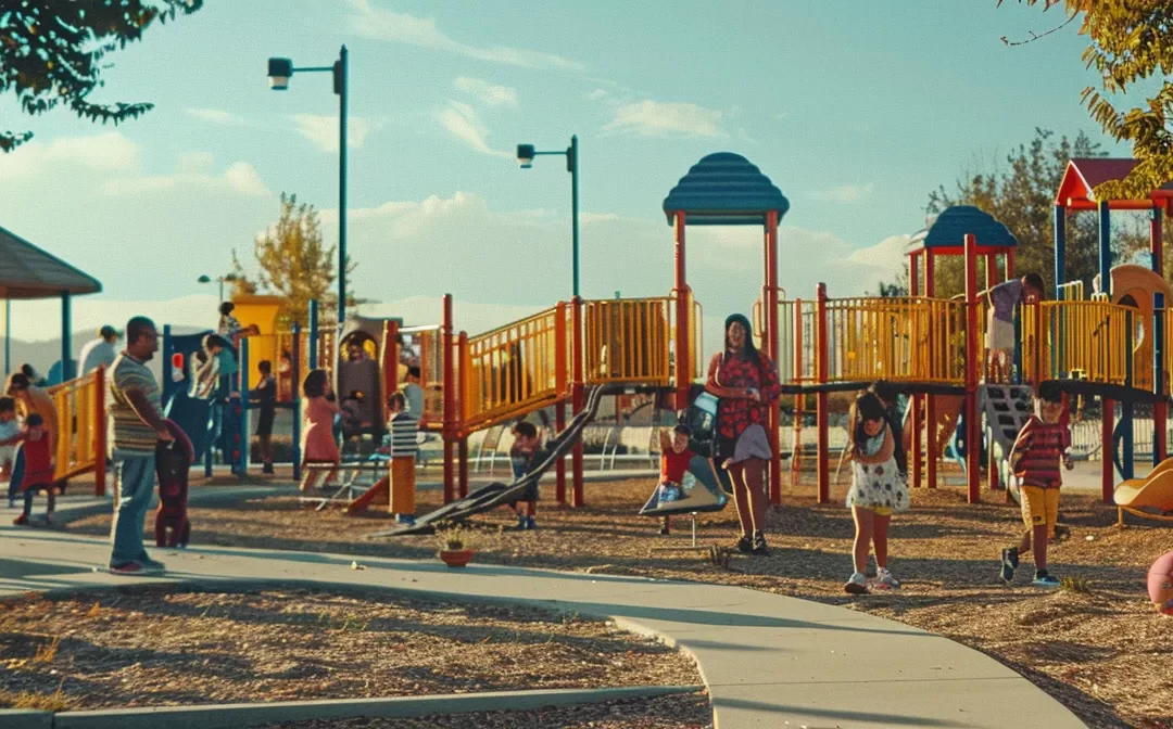 a vibrant playground filled with children laughing and playing in a safe and welcoming community in st. george.