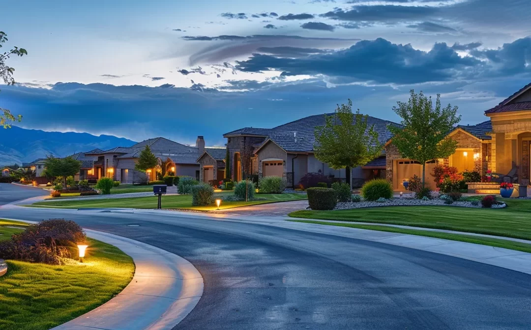 a vibrant suburban neighborhood filled with modern, upscale homes and lush green landscaping, showcasing the current housing market in st. george.