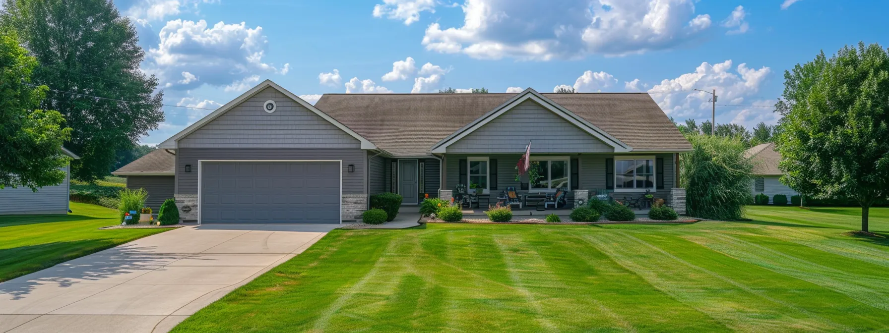 a vibrant, well-maintained home with a manicured lawn, pristine siding, and a clean driveway, radiating curb appeal and property value.