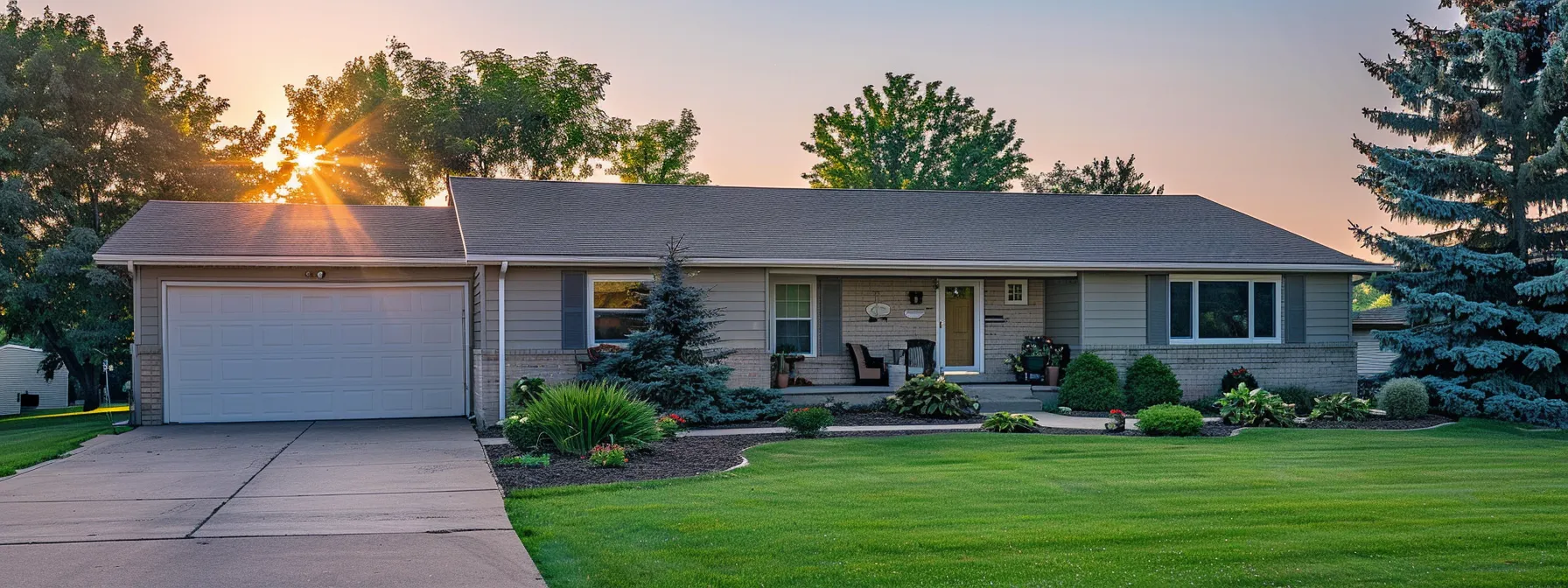 a well-manicured front yard with freshly painted siding and a clean, well-maintained roof, showcasing impeccable curb appeal for a home inspection.