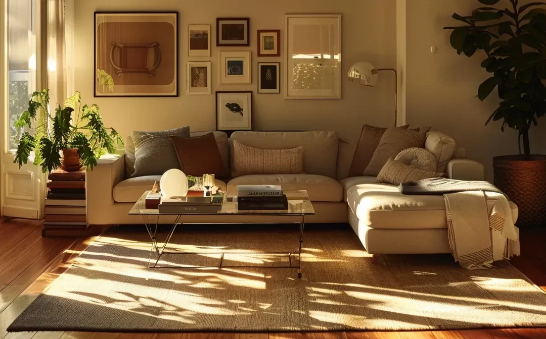 a well-lit living room with clean surfaces and neatly arranged furniture, ready for inspection.