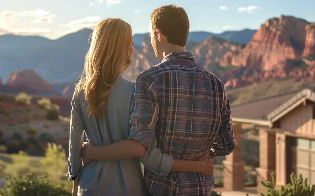 a young couple admiring their dream home with stunning red rock cliffs in the background.