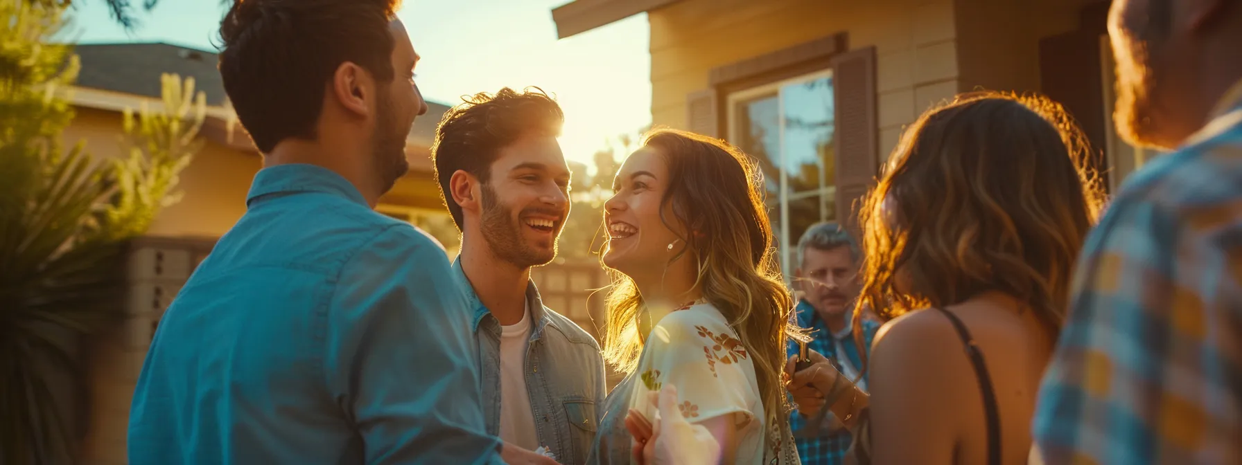 a young couple happily receiving keys to their first home in st. george, surrounded by a diverse group of supportive advisors and real estate agents.