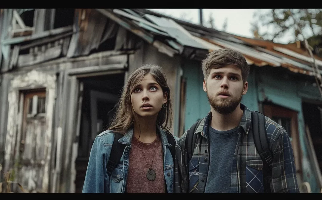 a young couple looking confused while standing in front of a dilapidated house in st. george.