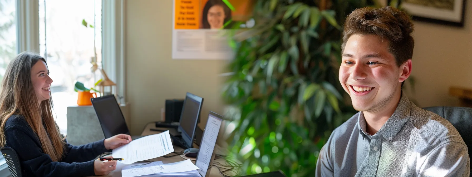 a young couple smiling as they review paperwork with a friendly st. george lender in a bright, welcoming office.