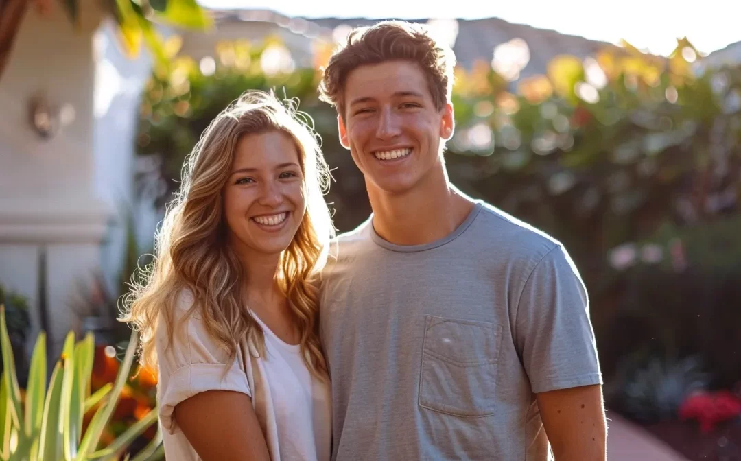 a young couple smiling in front of their new, cozy home in st. george, surrounded by lush greenery.