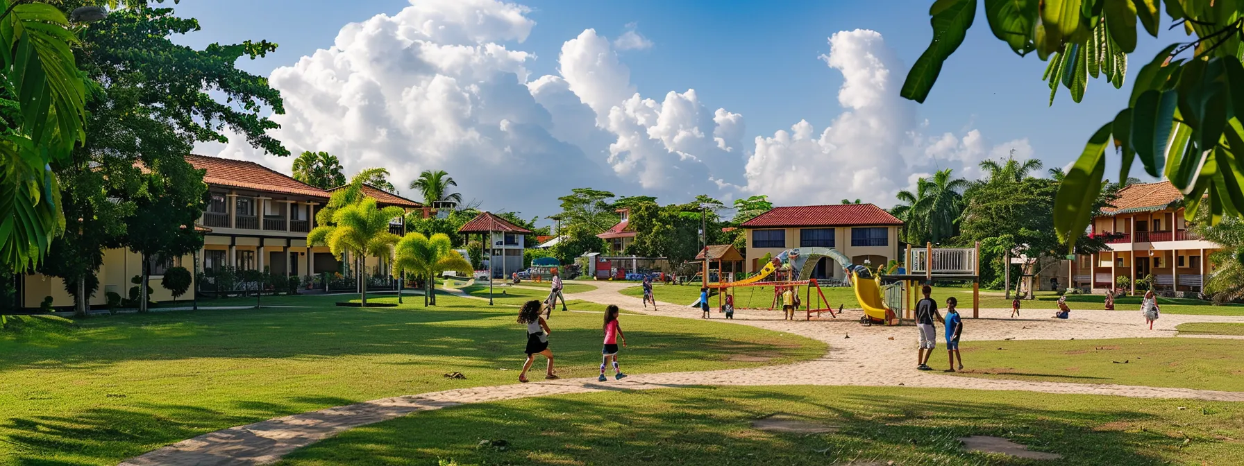 children playing in a vibrant community park surrounded by well-maintained homes, with a school and healthcare clinic in the background.