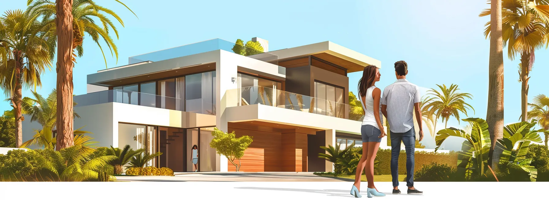 a couple stands in front of a stunning, modern home in st. george, surrounded by palm trees and a clear blue sky, while a real estate agent points out key features.