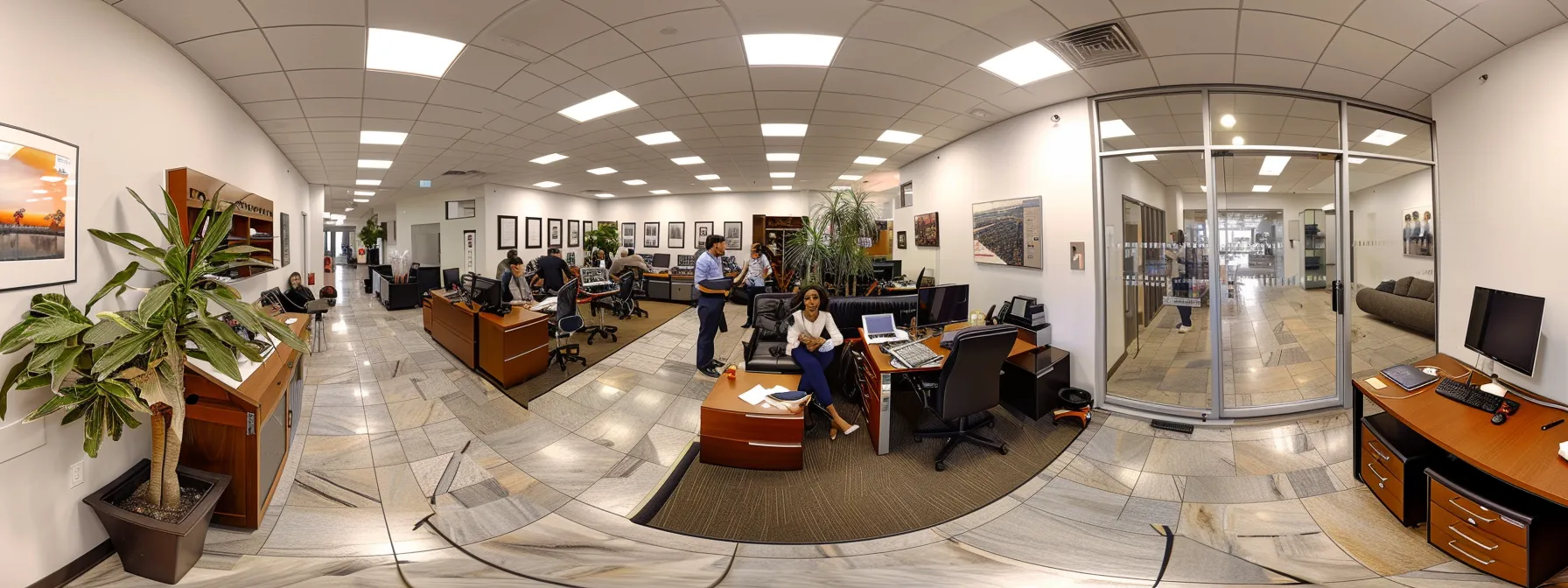 a bustling real estate office with agents discussing market analysis, showcasing properties, and strategizing for success.