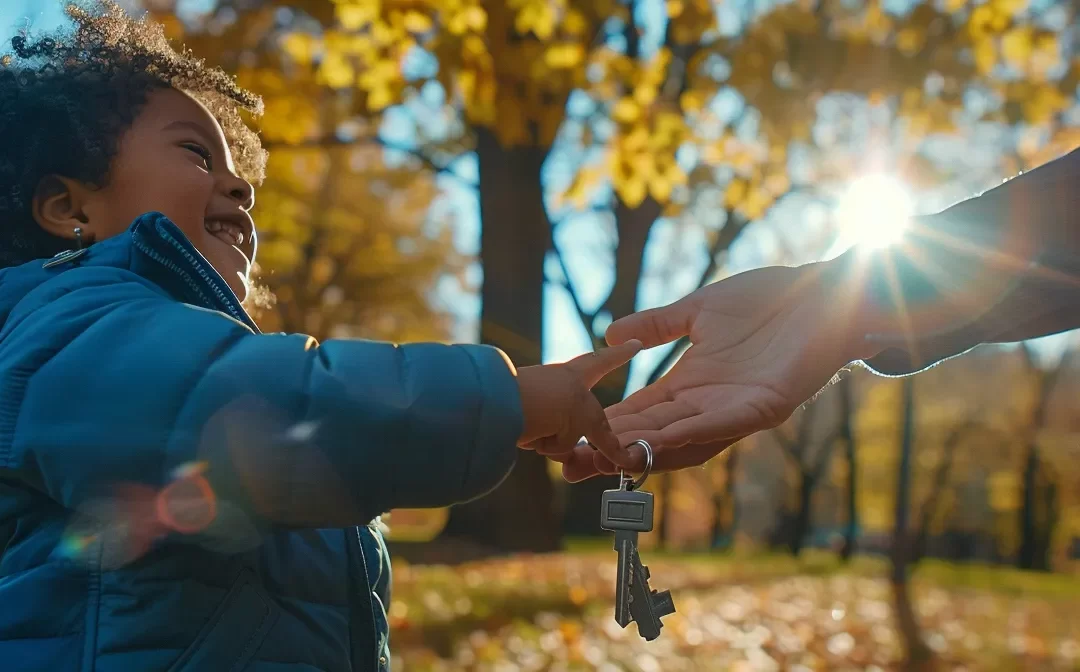 a confident grantor holding out a key to an excited grantee in a sunny park.