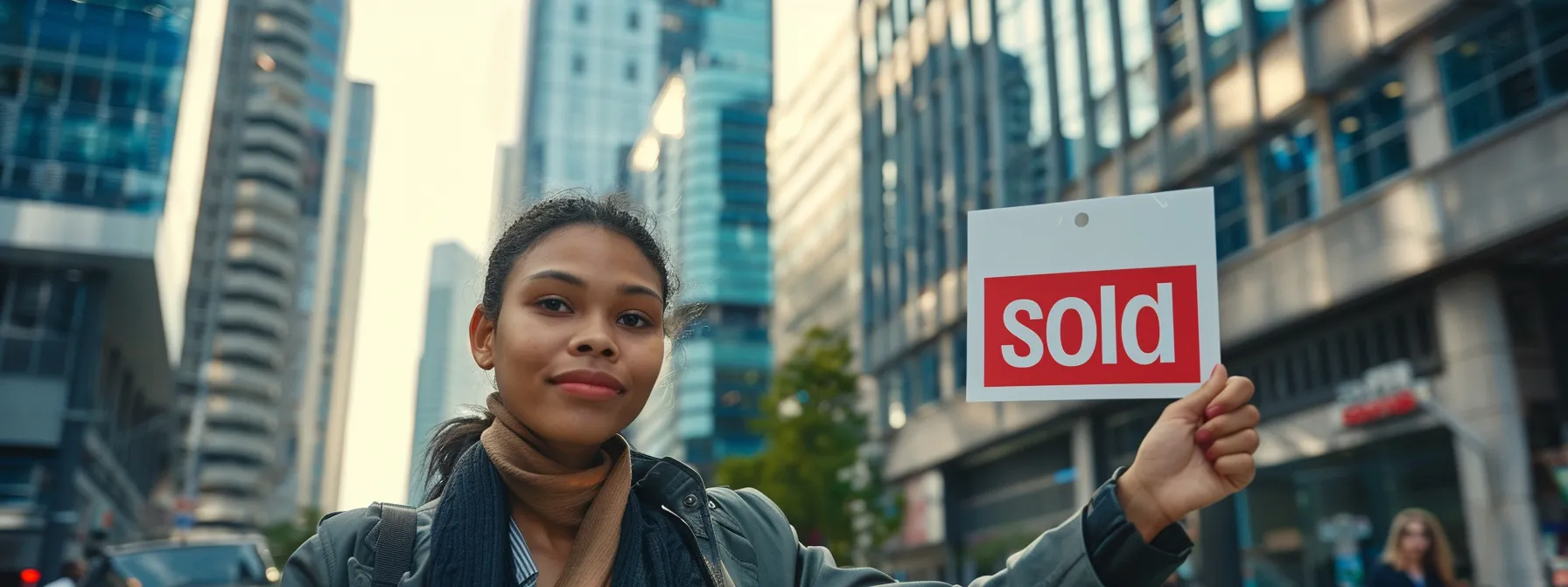 a confident real estate agent standing in a bustling city center, holding a 