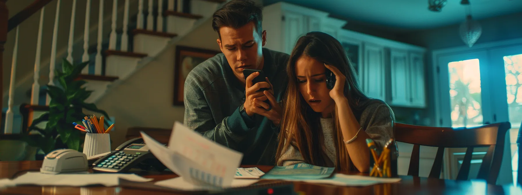 a couple anxiously waiting by the phone, surrounded by real estate documents and calculators, reflecting the complexities of navigating contingencies in a home purchase.