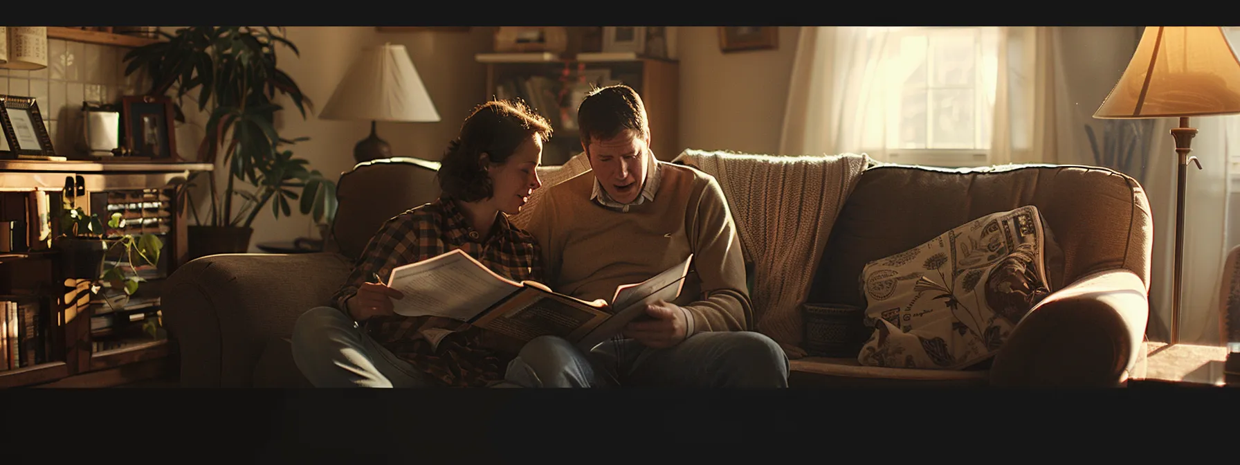 a couple carefully reviewing financial documents while discussing their personal timeline in a cozy living room setting.