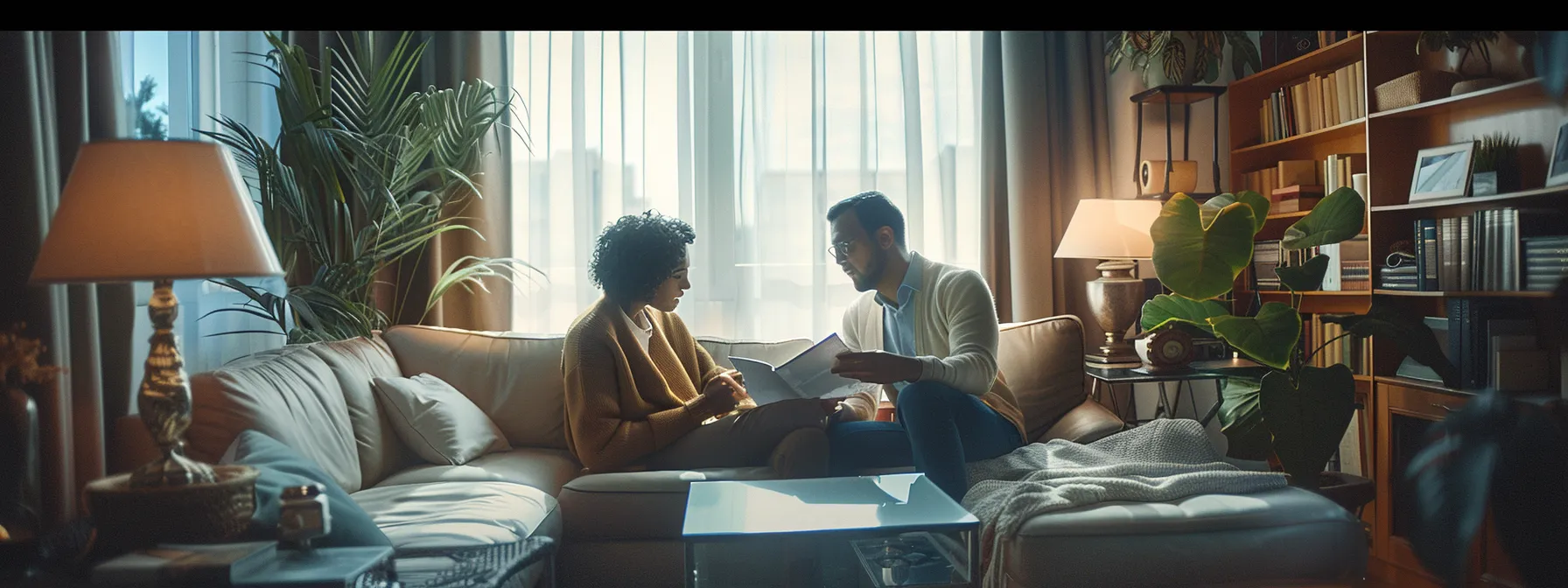 a couple reviewing listings with a real estate agent, discussing terms and preparing for their future home purchase in a cozy office setting.